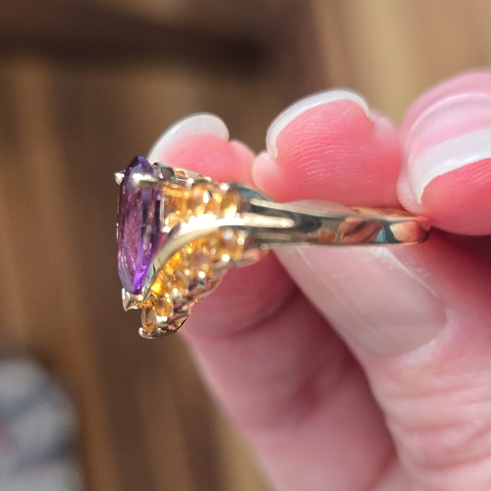 3xHOST PICK Very Vintage Elegant 10k Gold Amethyst Teardrop & Citrine Ring. Sz 8 - Picture 5 of 8